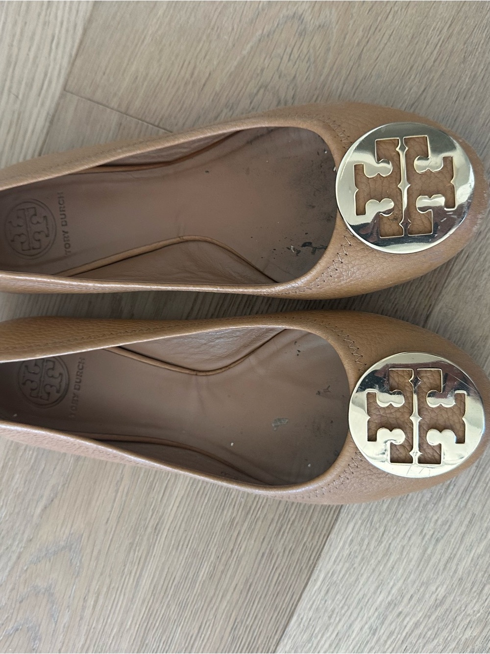 Tory Burch Tan Leather Flats with Gold Logo Medallion